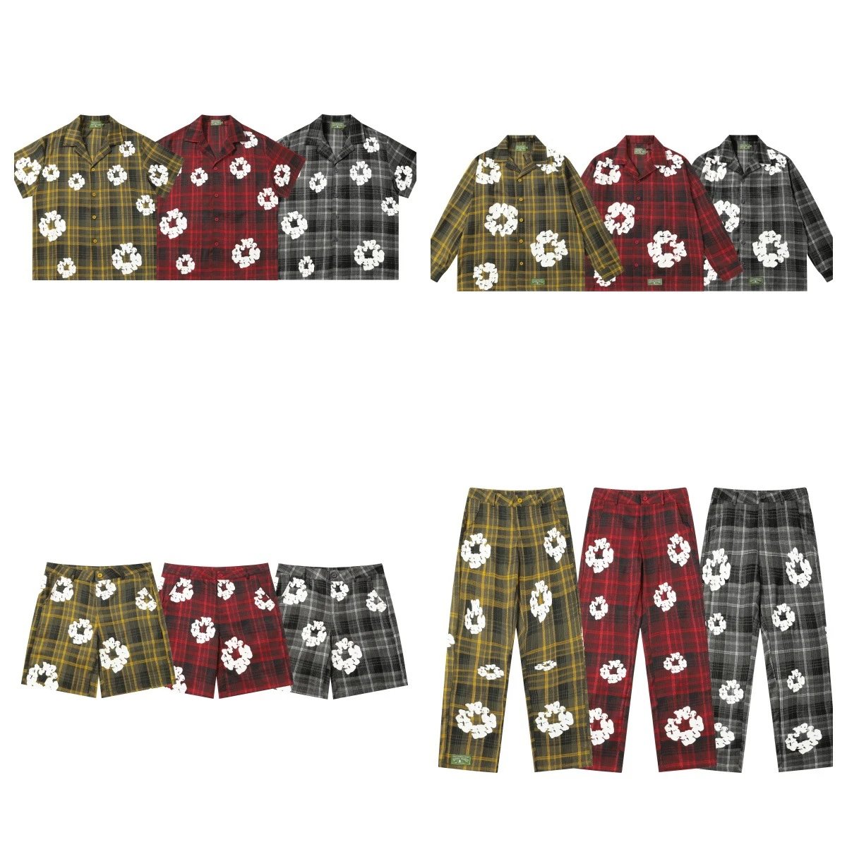 Plaid Floral Pattern Short Sleeve Shirt and Pants Set in Yellow, Red, and Grey