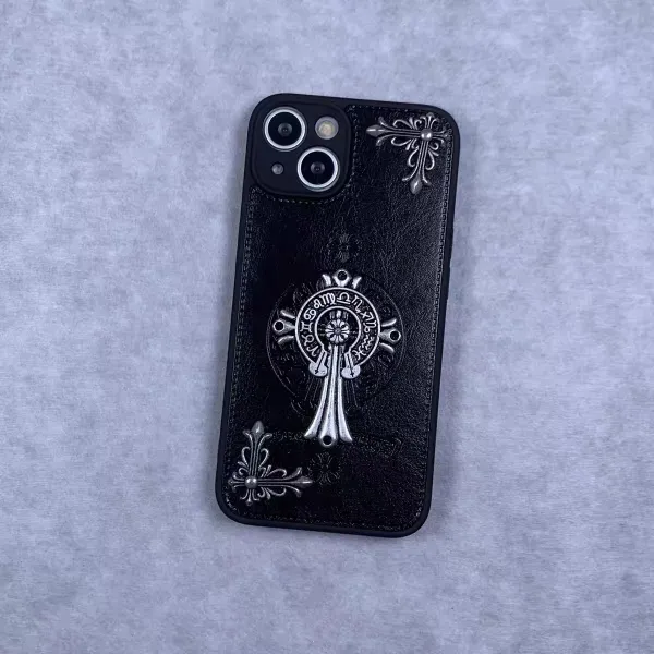 Chrome Hearts x iPhone Case Black Embossed Leather Phone Case - 11
