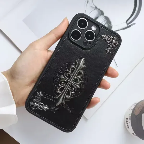 Chrome Hearts x iPhone Case Black Leather Cross Phone Case - 1