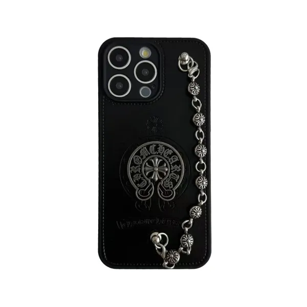 Chrome Hearts x iPhone Case Black Leather Phone Case with Silver Chain - 1