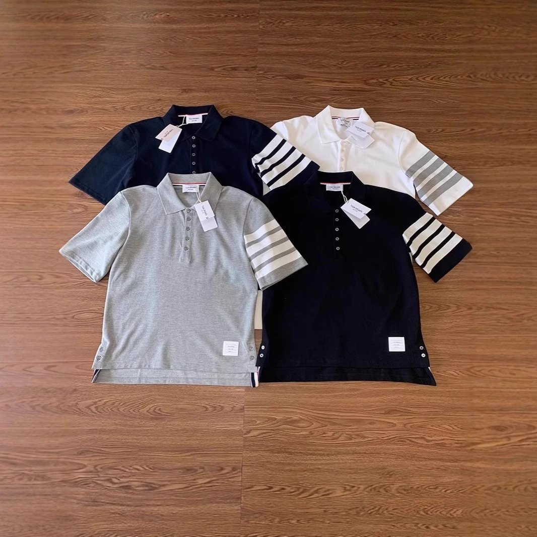 Thom Browne Black and White Striped Sleeve Polo Shirts