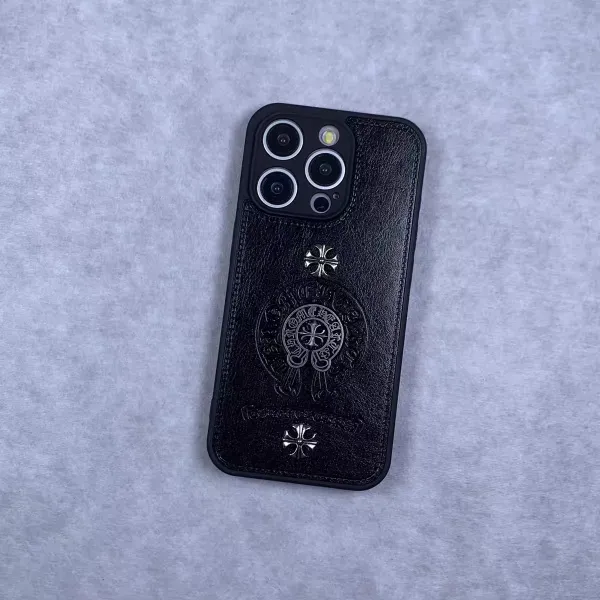 Chrome Hearts x iPhone Case Black Embossed Leather Phone Case - 13