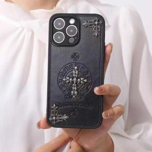 Chrome Hearts Cross Skull Embossed Leather Phone Case Black - 1