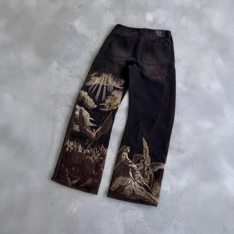 Retro Bat Print Loose Jeans
