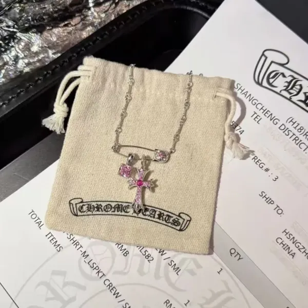 Chrome Hearts Cross Pendant Necklace with Pink Cubic Zirconia and Safety Pin Charm - 1