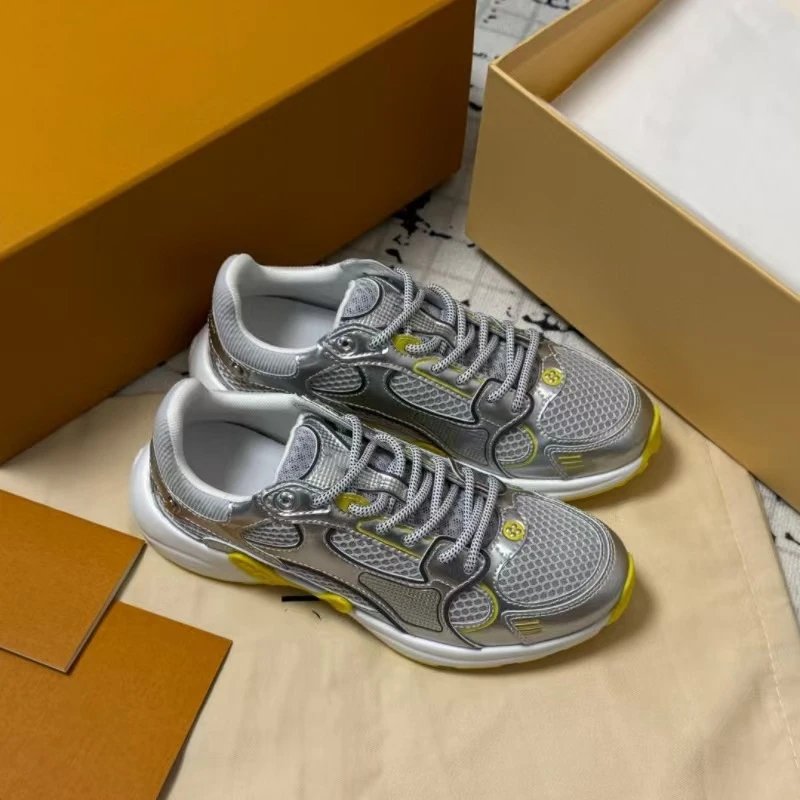 Silver Mesh Sneakers with Yellow Accents