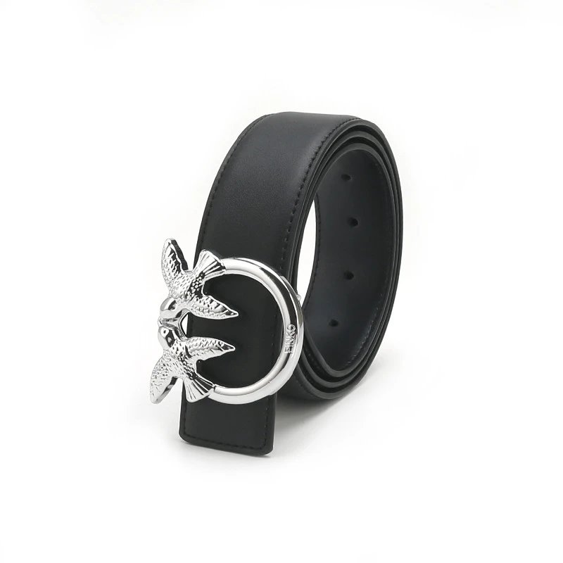 Pinko Black Leather Belt with Silver Buckle