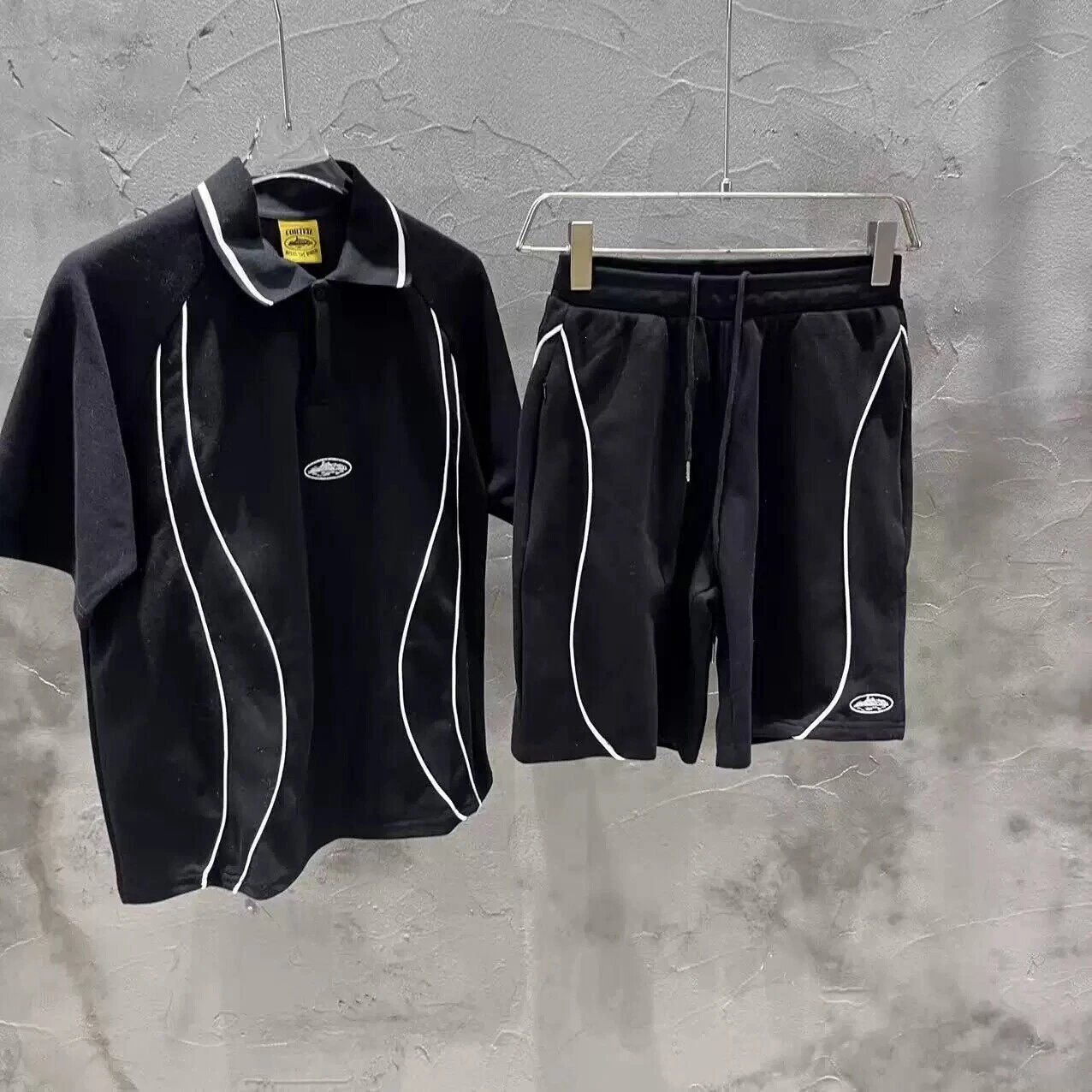 Patchwork striped lapel short-sleeve set with shorts, sporty-casual two-piece outfit