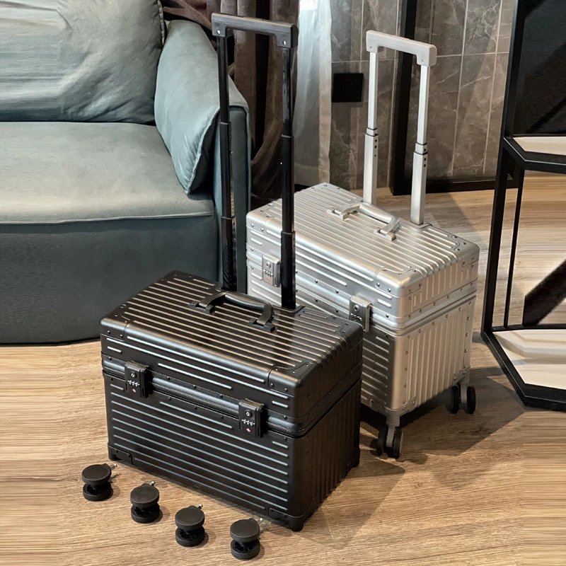 Dropshipping Möglich Vollaluminium-Magnesium-Legierung Foto-Koffer mit Klappdeckel Querformat 18 Zoll Kleiner Handgepäckkoffer mit Zahlenschloss