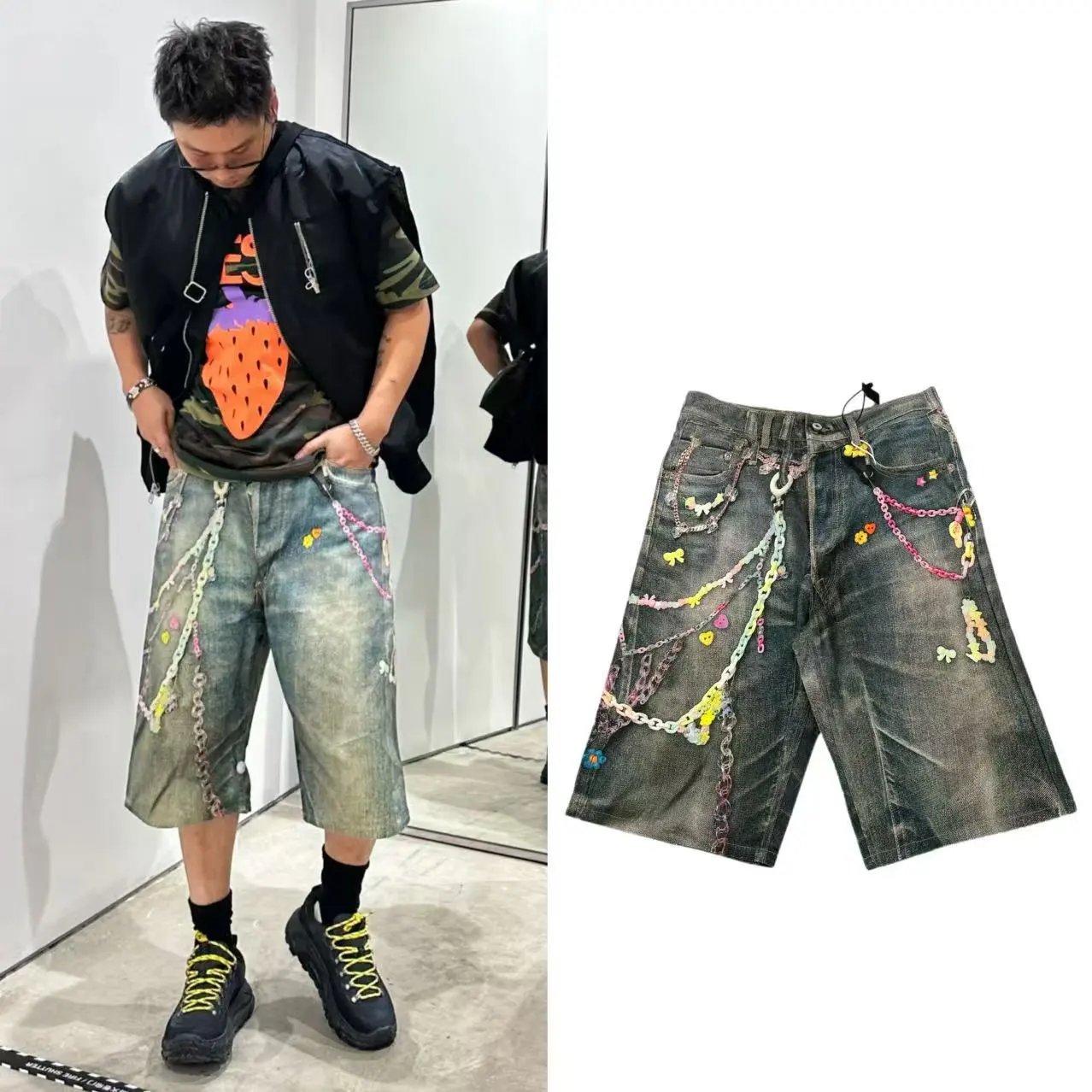 Etichetta Originale Stile AC Catena Candy Stampa 3D Trompe-l'oeil Shorts di Jeans Dritti a Gamba Larga Pantaloncini Unisex Trendy