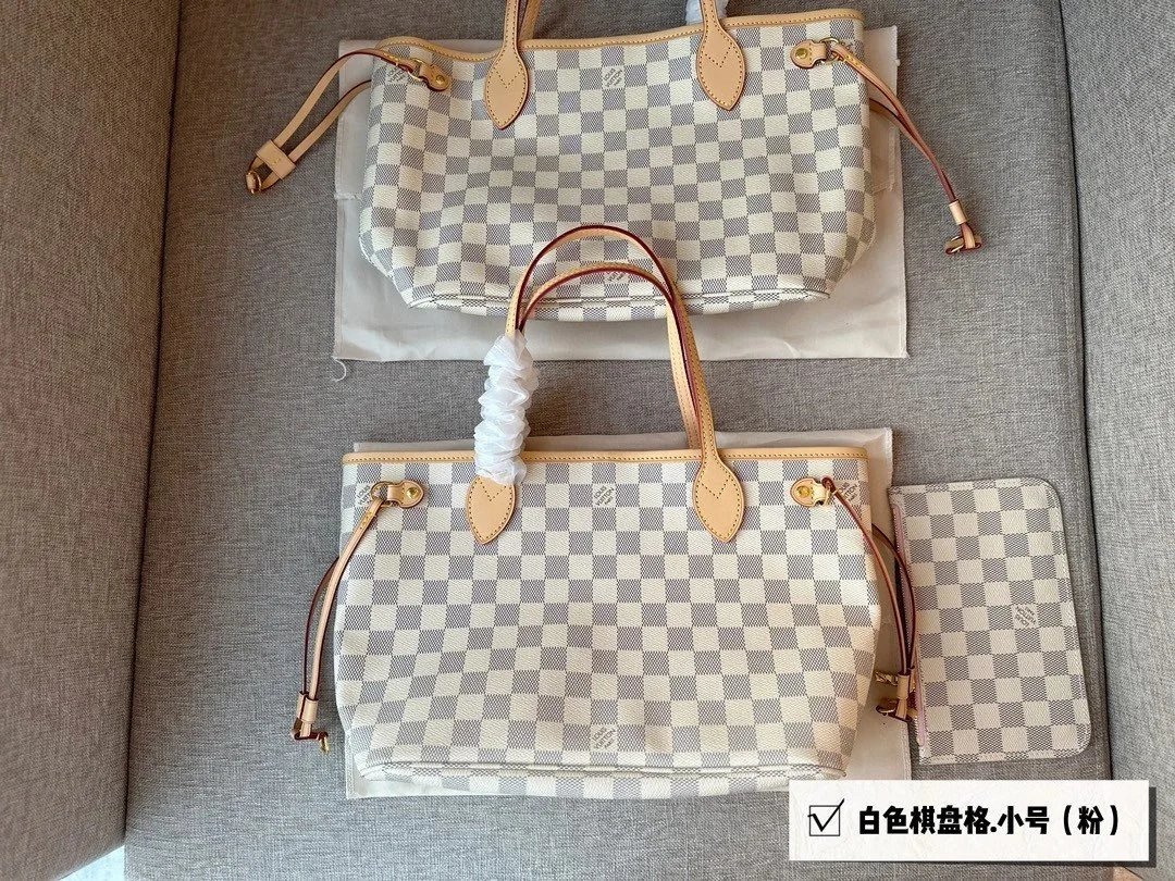 LV Neverfull Bag — small size white chessboard pink colorway — USFans Spreadsheet photo