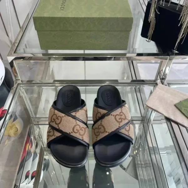 Gucci GG Marmont Slide Sandals Beige and Black Slippers - 1