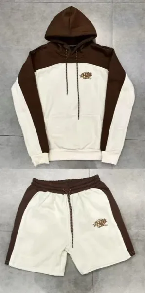 SYNA.TRIBE Color-Block Hoodie and Shorts Set Beige/Brown Casual Set - 1