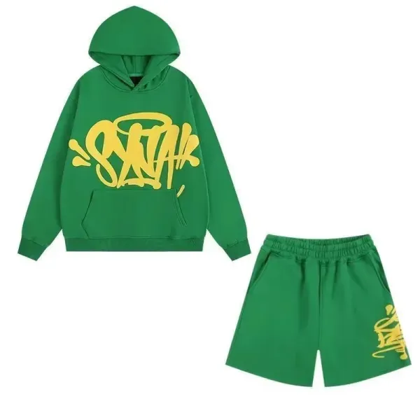 SYNA.TRIBE Graffiti Print Green Hoodie and Shorts Set - 1