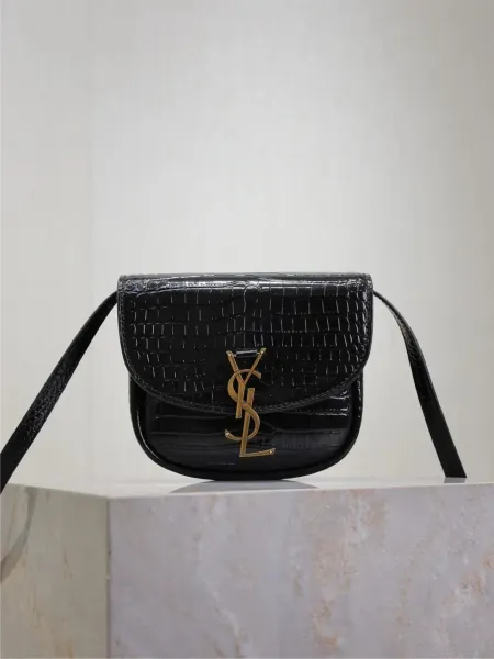 Saint Laurent Loulou Mini Croc-Embossed Black Saddle Bag - 1