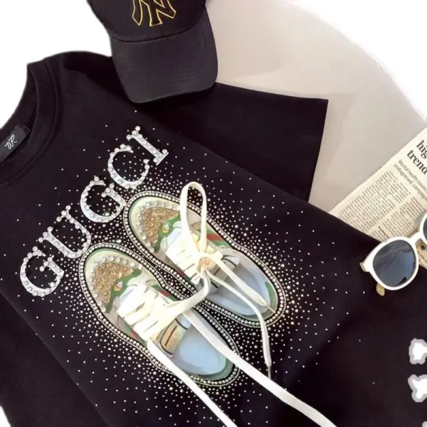Gucci Sneaker-Print Rhinestone Embellished Black T-Shirt - 4