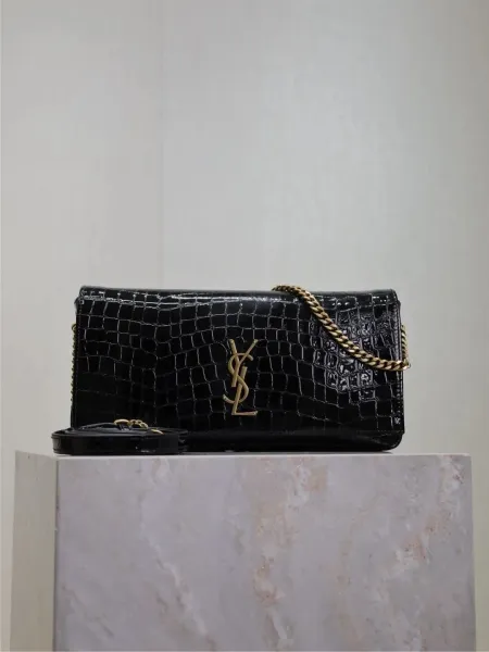 Saint Laurent Kate Small Croc-Embossed Black Chain Bag - 1