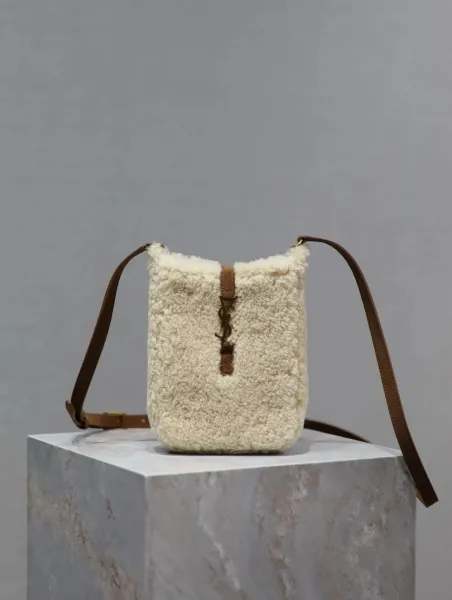 Saint Laurent Mini Shearling Bucket Bag Beige Crossbody Bag - 1