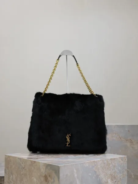 Saint Laurent Loulou Faux Fur Black Chain Handbag - 1