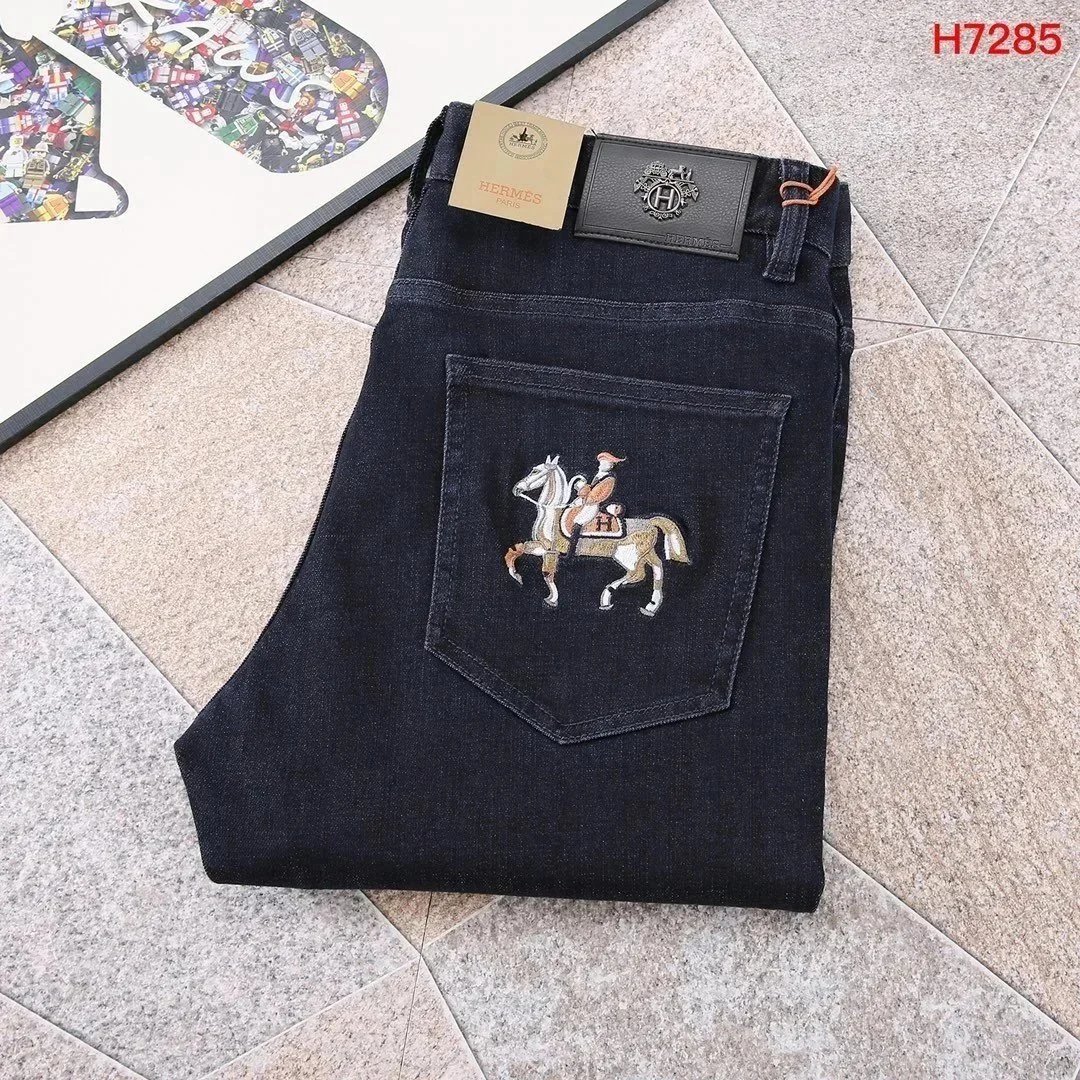 Hermès Equestrian Embroidered Denim Jeans Navy - 1
