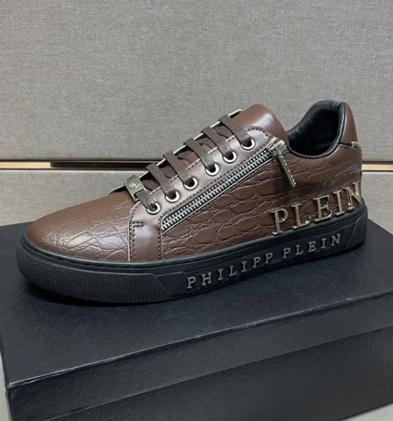 Philipp Plein Zip Detail Croc-Embossed Brown Sneakers - 11