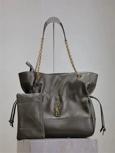 Saint Laurent Loulou Quilted Olive Gray Tote Bag - 1