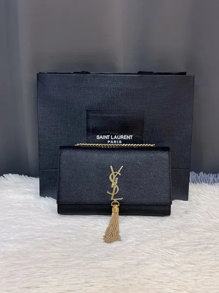 Saint Laurent Kate Small Black Grained Leather Chain Bag with Tassel - 1