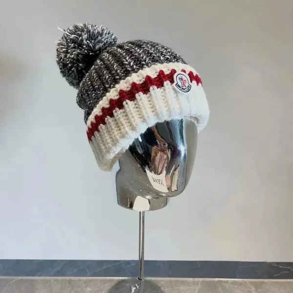 Moncler Beanie with Pom-Pom and Logo Patch in Gray, White, and Red - 1