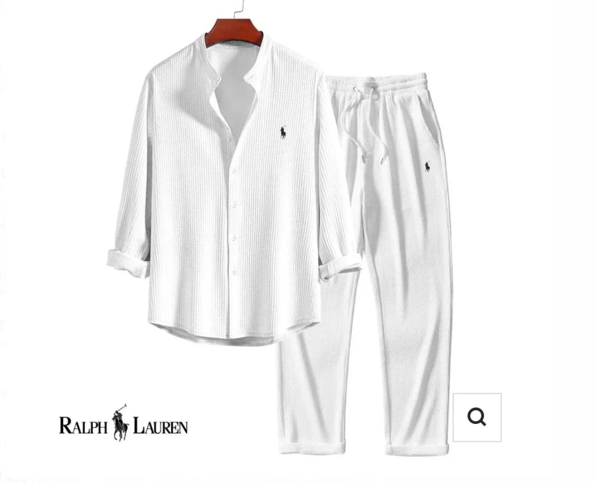 Ralph Lauren Mandarin Collar Long Sleeve & Pants Set - White