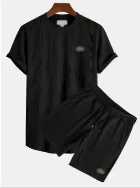 Ribbed Texture Black Casual Set T-Shirt and Shorts