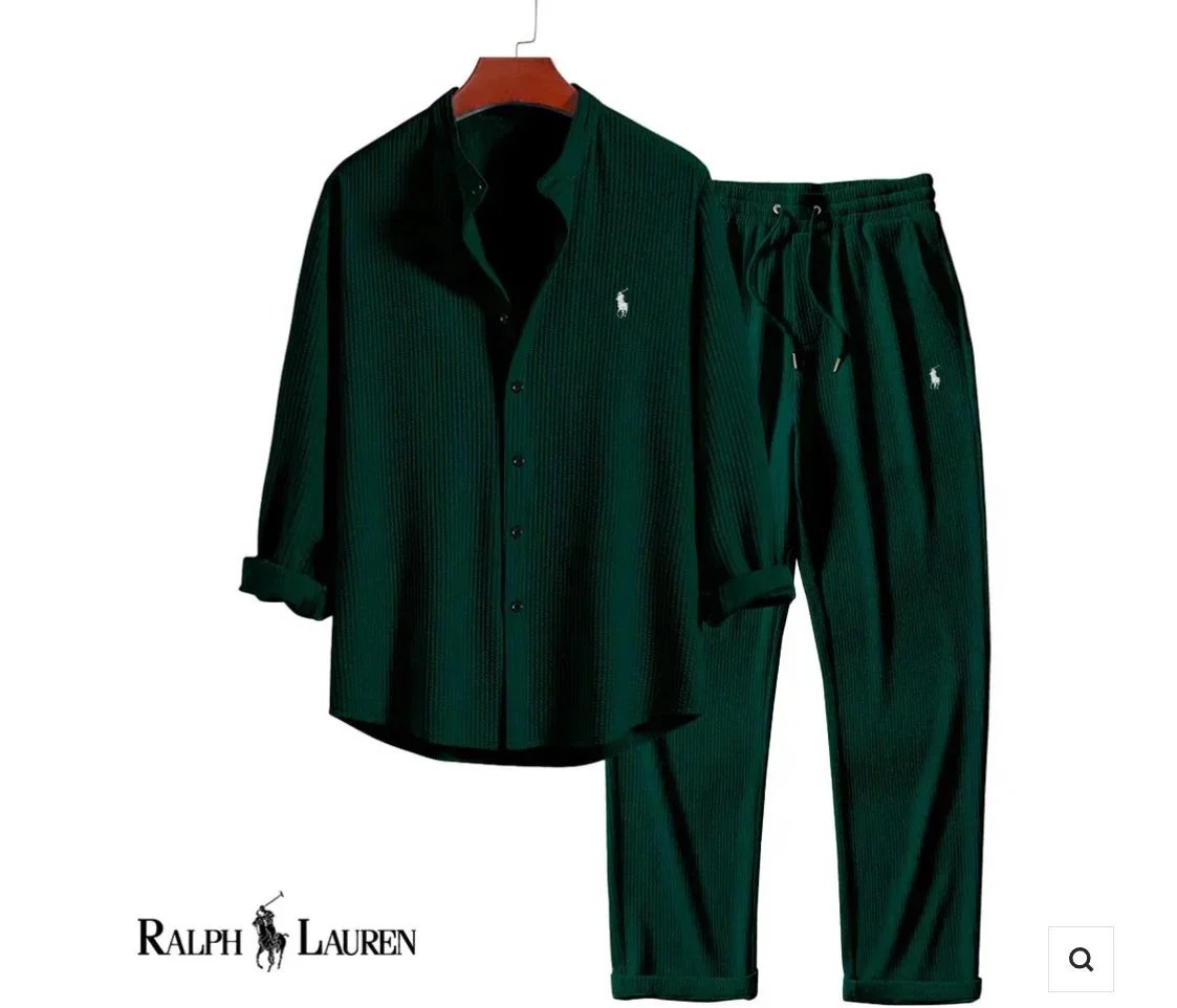 Ralph Lauren Mandarin Collar Long Sleeve & Pants Set - Green