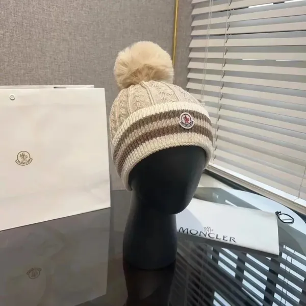 Moncler Beanie with Fur Pom-Pom in Beige and Brown Stripes - 1