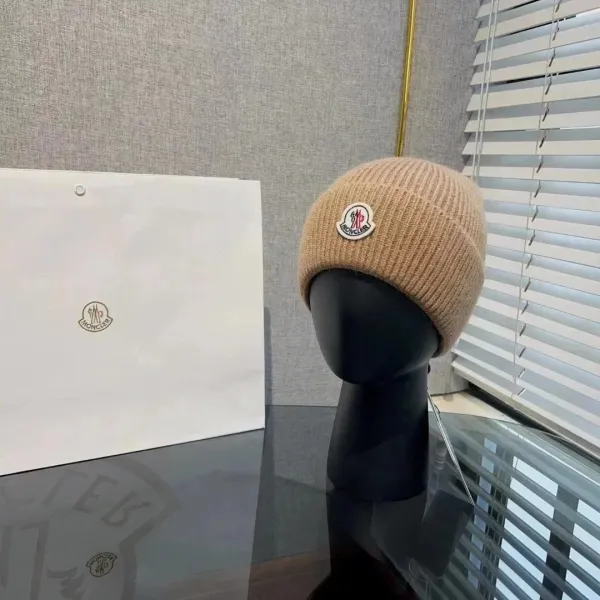 Moncler Logo Beanie Beige Knit Hat - 1