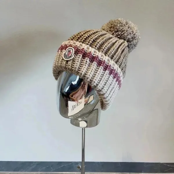Moncler Beanie with Logo Patch and Pom-Pom in Multicolor Knit - 1