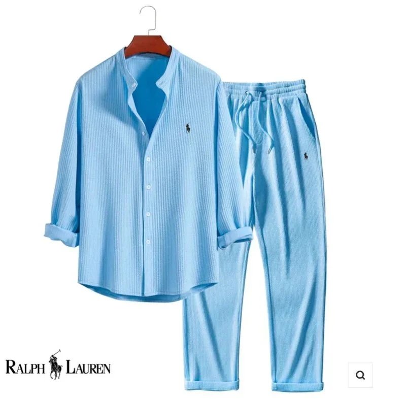 Ralph Lauren Mandarin Collar Long Sleeve & Pants Set - Light Blue