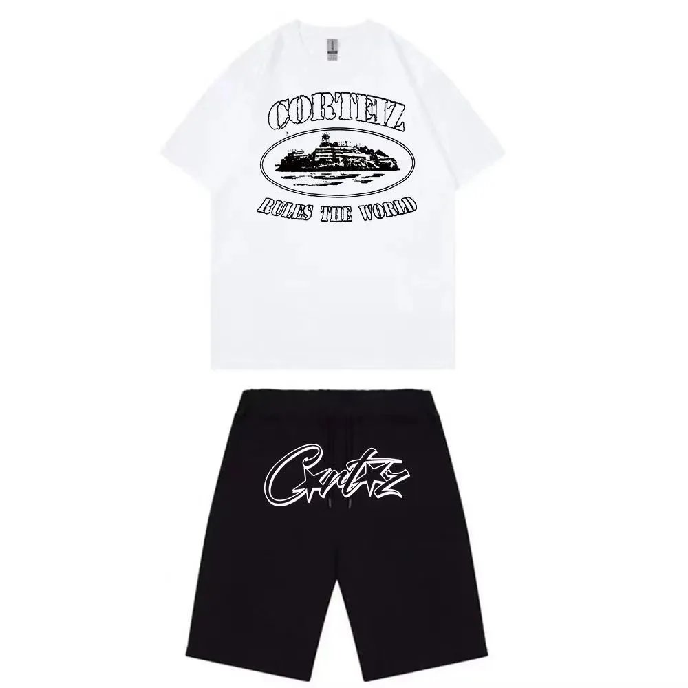 Corteiz Rules The World Graphic T-Shirt and Star Logo Shorts Set White/Black - 1