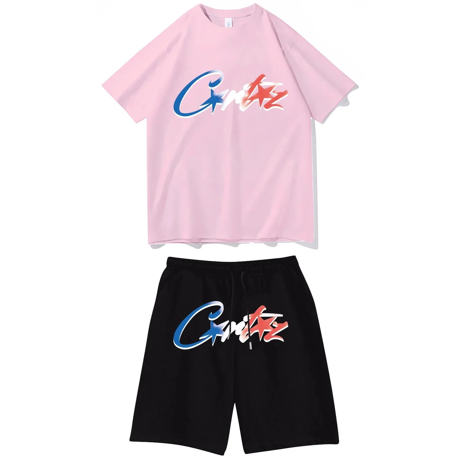 Corteiz Script Logo Pink T-Shirt and Black Shorts Set - 1