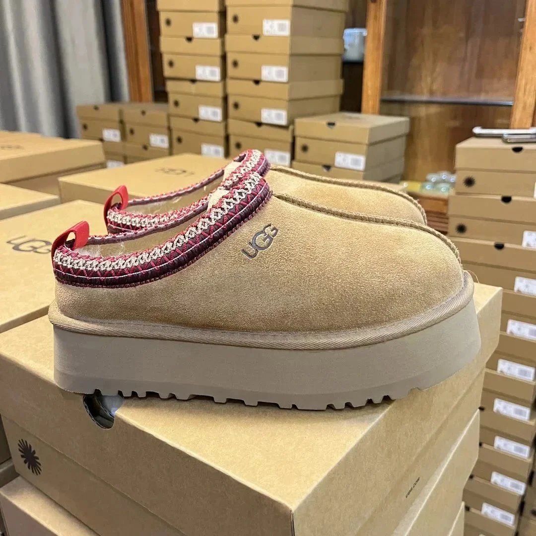 UGG Tasman Platform Slippers Beige with Burgundy Embroidery Slippers - 1