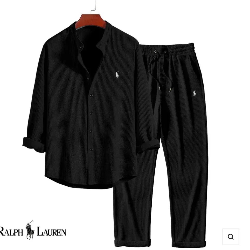 Ralph Lauren Mandarin Collar Long Sleeve & Pants Set - Black