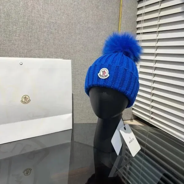 Moncler Pompom Beanie Blue Knit Hat - 1