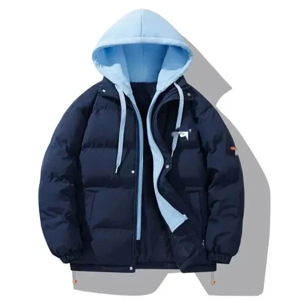 Design Two-Tone Hooded Down Jacket Navy and Light Blue Outerwear - 1
