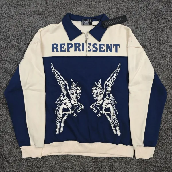 REPRESENT Pegasus Half-Zip Pullover Navy and Cream Hoodie - 1