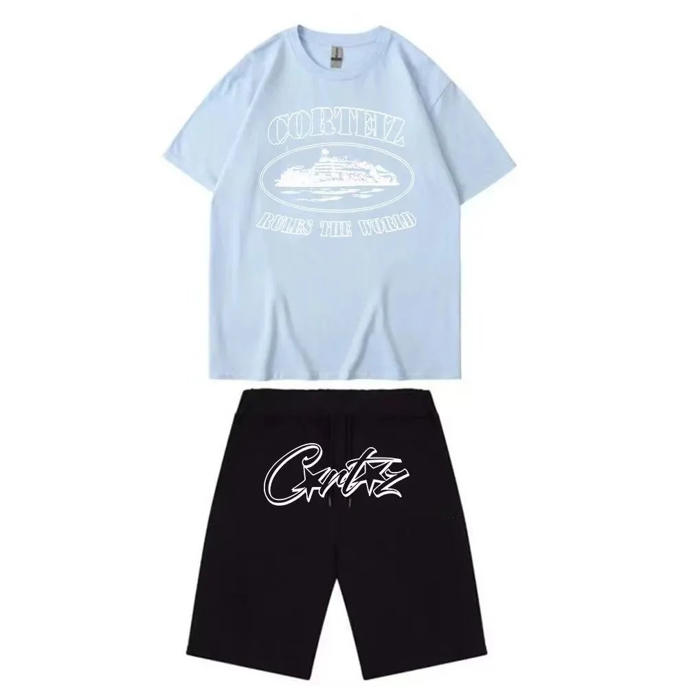 Corteiz Rules The World T-Shirt and Script Logo Shorts Set Light Blue/Black - 1