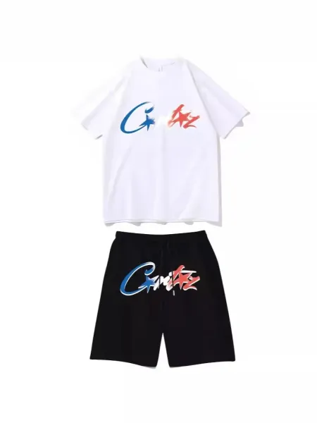 Corteiz Graphic Print T-Shirt and Shorts Set White/Black - 1