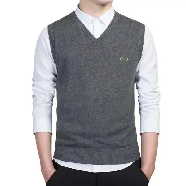 Lacoste V-Neck Knit Vest Gray Sweater - 1