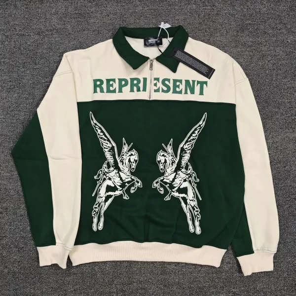 Represent Pegasus Half-Zip Sweatshirt Army Green and Beige - 1