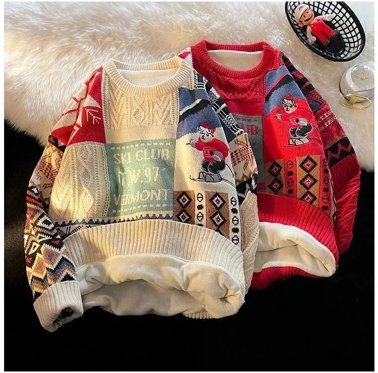 Vintage Ski Club Patchwork Knit Sweater Red Multicolor - 5