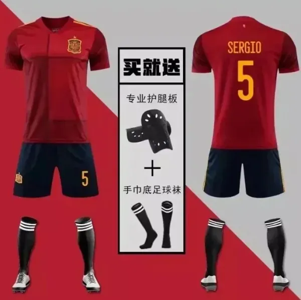 Spain National Team Sergio Ramos #5 Home Jersey Kit Red/Navy - 1