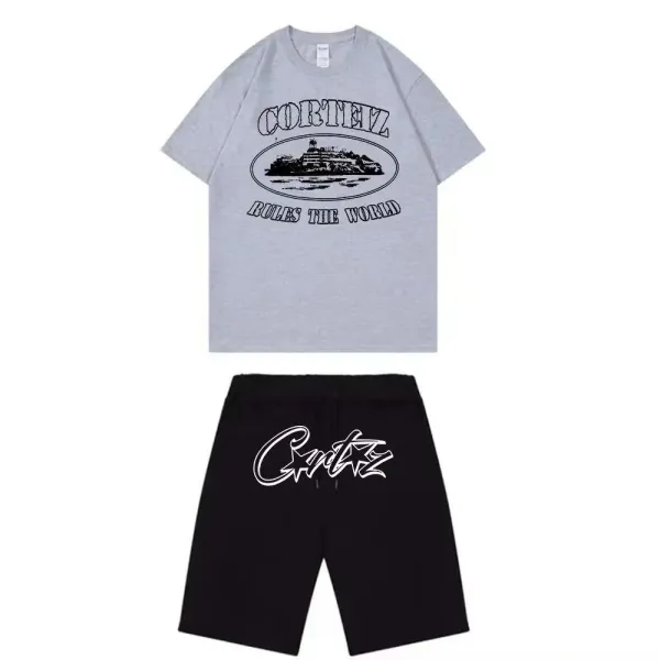 Corteiz Rules The World Graphic T-Shirt and Star Logo Shorts Set White/Black - 4