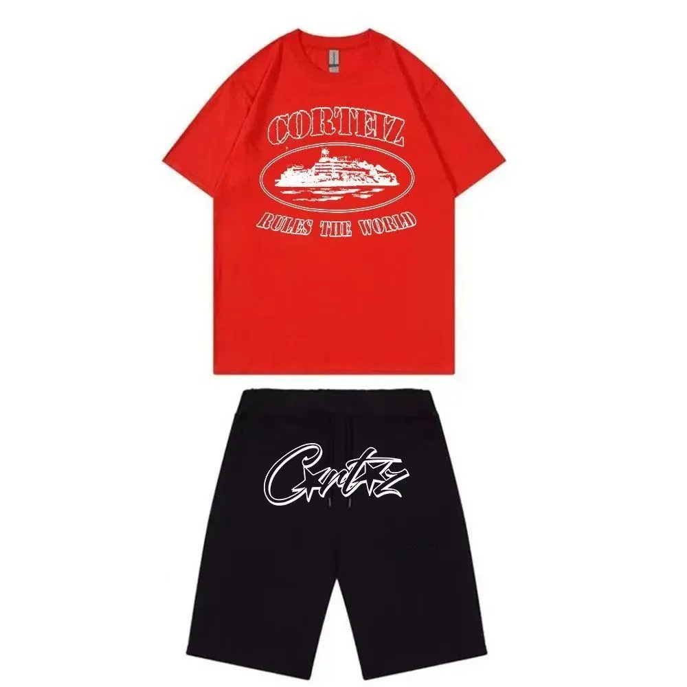 Corteiz Red Graphic Tee and Black Logo Shorts Set - 1